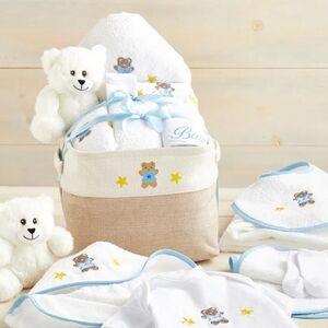 Newborn Boy Comfy Baby Gift Basket with Teddy Bear and Towels Nwt Baby Shower